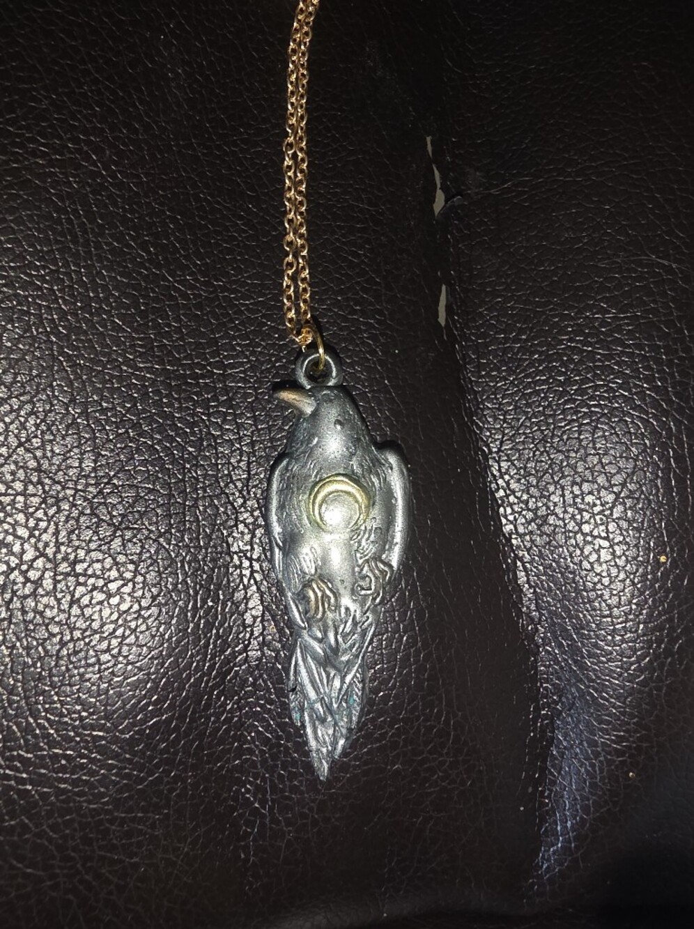 Resin Raven Pendant With Crescent Moon In Belly On A 20" Gold Chain Necklace